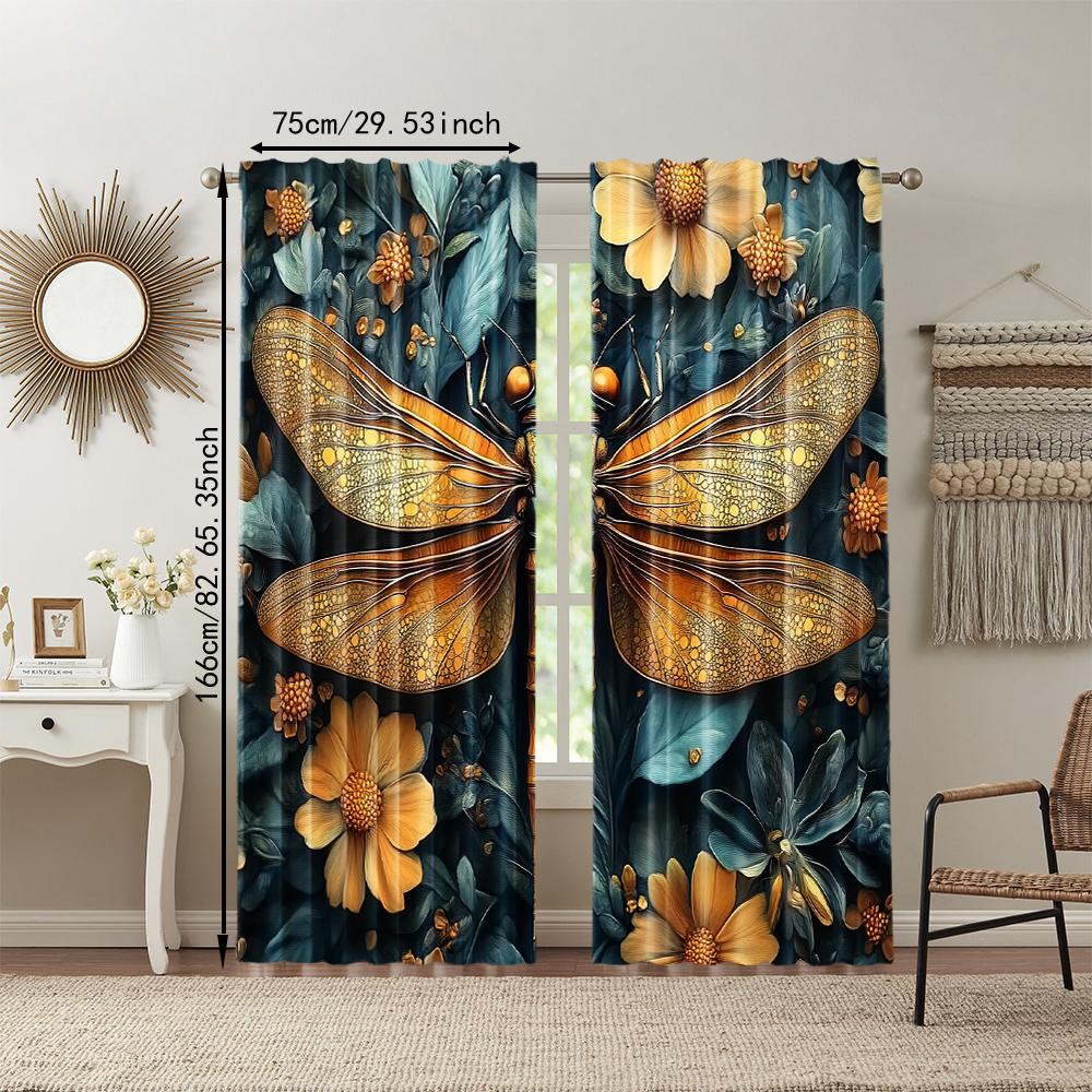 2 pcs, versatile polyester transparent curtains for home decoration Dragonfly for use in bedrooms and living rooms