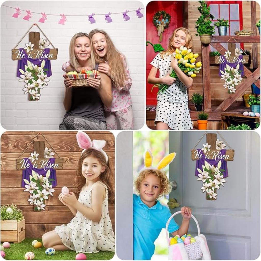 Easter He Is Risen Wreath for Front Door Religious Easter Decoration Wooden Cross Door Sign Hanging Sign Christian Floral Decor for Party Supplies