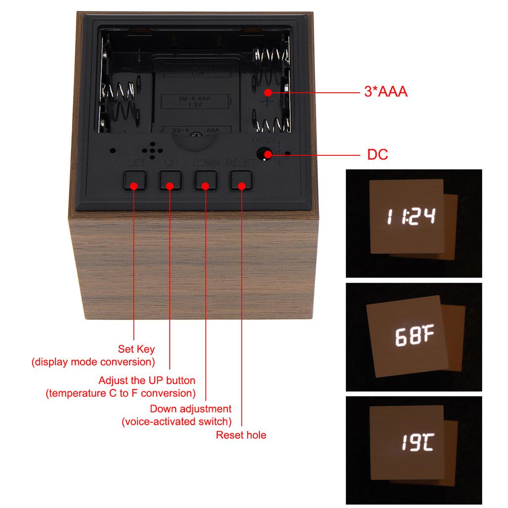 Alarm Clock LED Wooden Watch Table Voice Control Digital Wood Temperature Digital Bamboo Square Table Desktop Clocks2