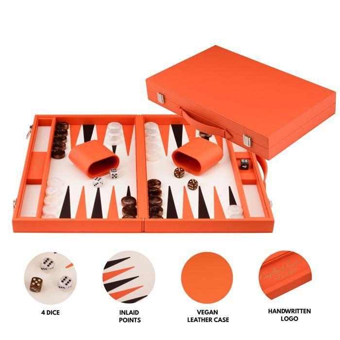 Backgammon de Luxe - ENGELHART - Prestige Similicuir Orange & Marron - 18" Grand Format - Mallette Rigide - Pions Marbrés