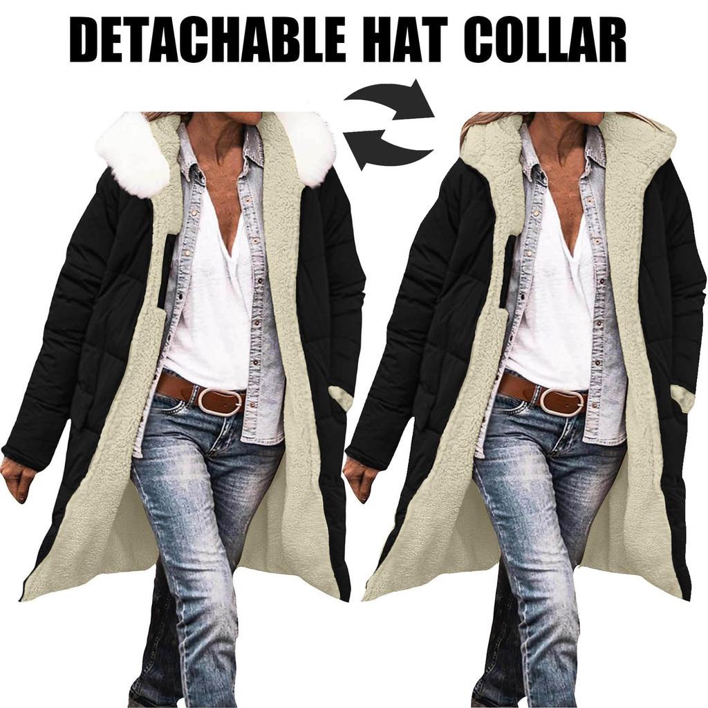 Women's Fashion Winter Solid Color Long Sleeved Hooded Long Zipper Cotton Jacket Warm Coat Down Jacket