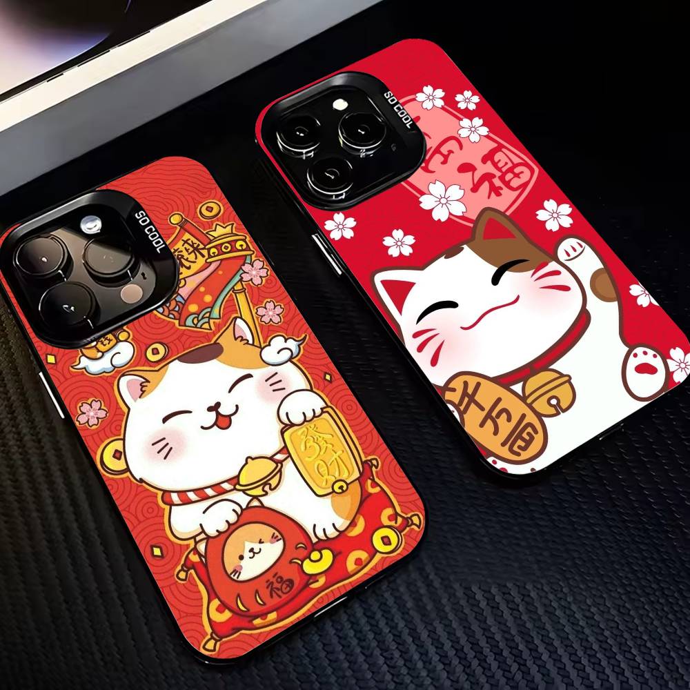 Счастливый Кот Денег M-Maneki N-Neko Чехол для Телефона Для iPhone17 16 15 14 13 12 Pro Max Серый Черный Матовый Лазерный Металлик Аврора Funda