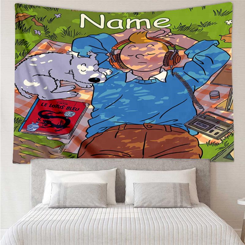 Custom Name The Adventures of Tintin Print Tapestry, Backdrop, Easy Setup, Ideal for Bedroom, Office & Living Room, with Aesthetic Wall Hanging Decor.