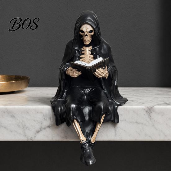 Skeleton Desktop Decor Halloween Reading Book Figurine, Spooky Devil Resin Sculpture, Gothic Ornament Black Robe Grim Reaper Statue for Home
