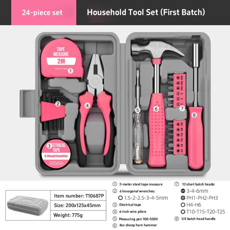 13/24 Piece Pink Multifunctional Hardware Tool Set Pliers Screwdriver Home Repair Toolbox Combination Set Repair Kit Hand Tool