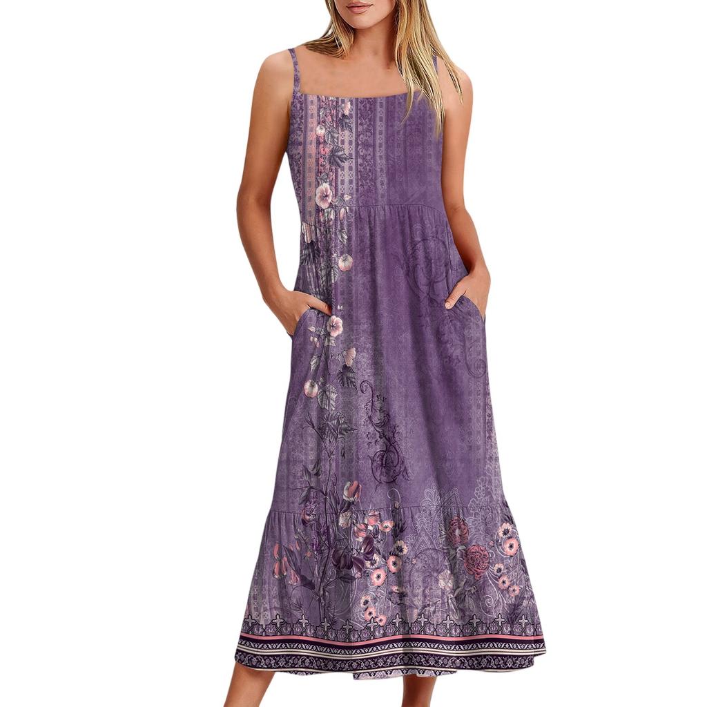 Женское длинное пляжное повседневное элегантное платье макси на тонких бретельках с цветочным принтом, струящееся платье в стиле бохо