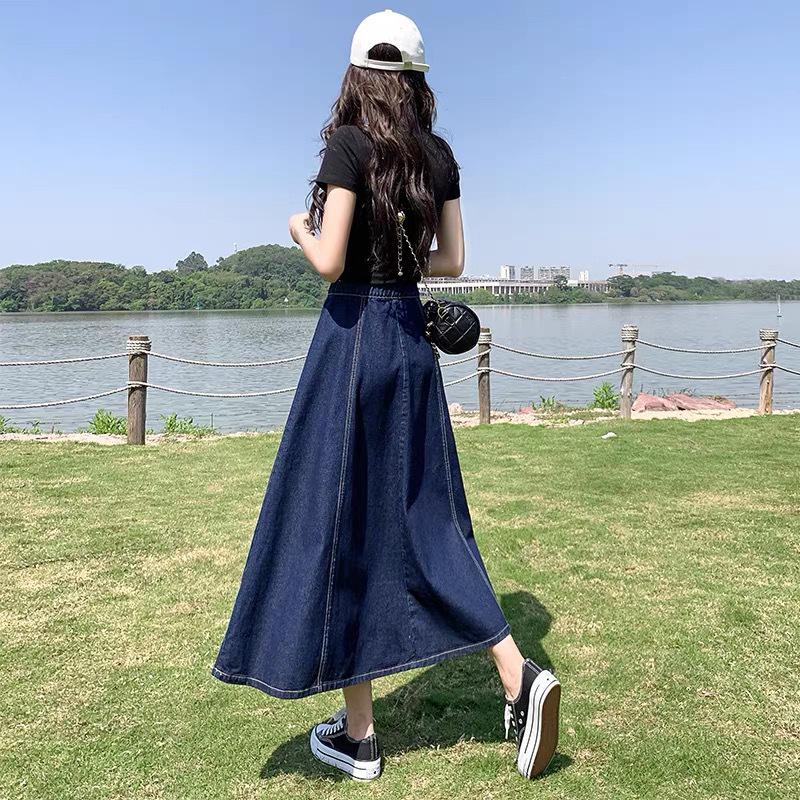 2023 Women's Long Spring Denim Pleated A-Line Skirt - High Waist, Mid-Length & Versatile