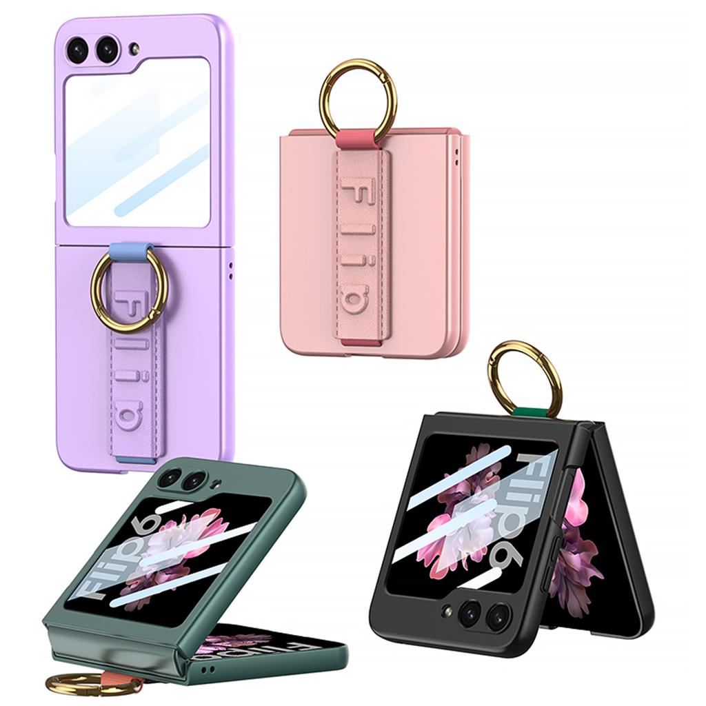 Чехол Ultra Thine Hard PC Phone для Samsung Galaxy Z Flip 6 5 4 с ремешком на запястье, кольцом-держателем, небольшой защитный экран