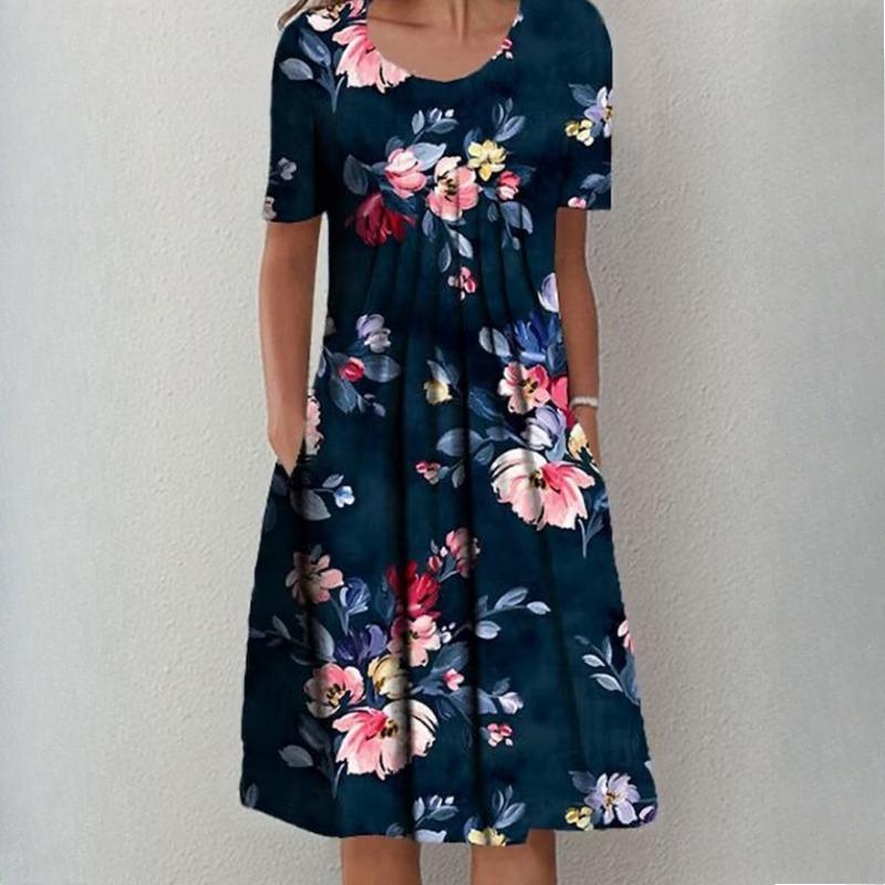 QICED Женская мода лето весна однотонный принт с коротким рукавом и круглым вырезом с высокой талией повседневные платья