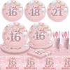 Cross-border Pink Birthday Party Tableware: 16th, 18th, 21st & 1st Celebration Paper Plates & Tablecloth Decoration