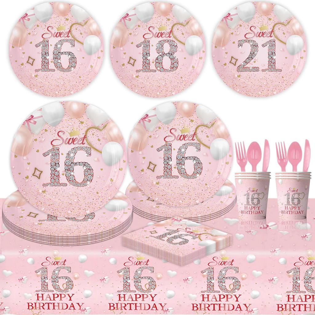 Cross-border Pink Birthday Party Tableware: 16th, 18th, 21st & 1st Celebration Paper Plates & Tablecloth Decoration