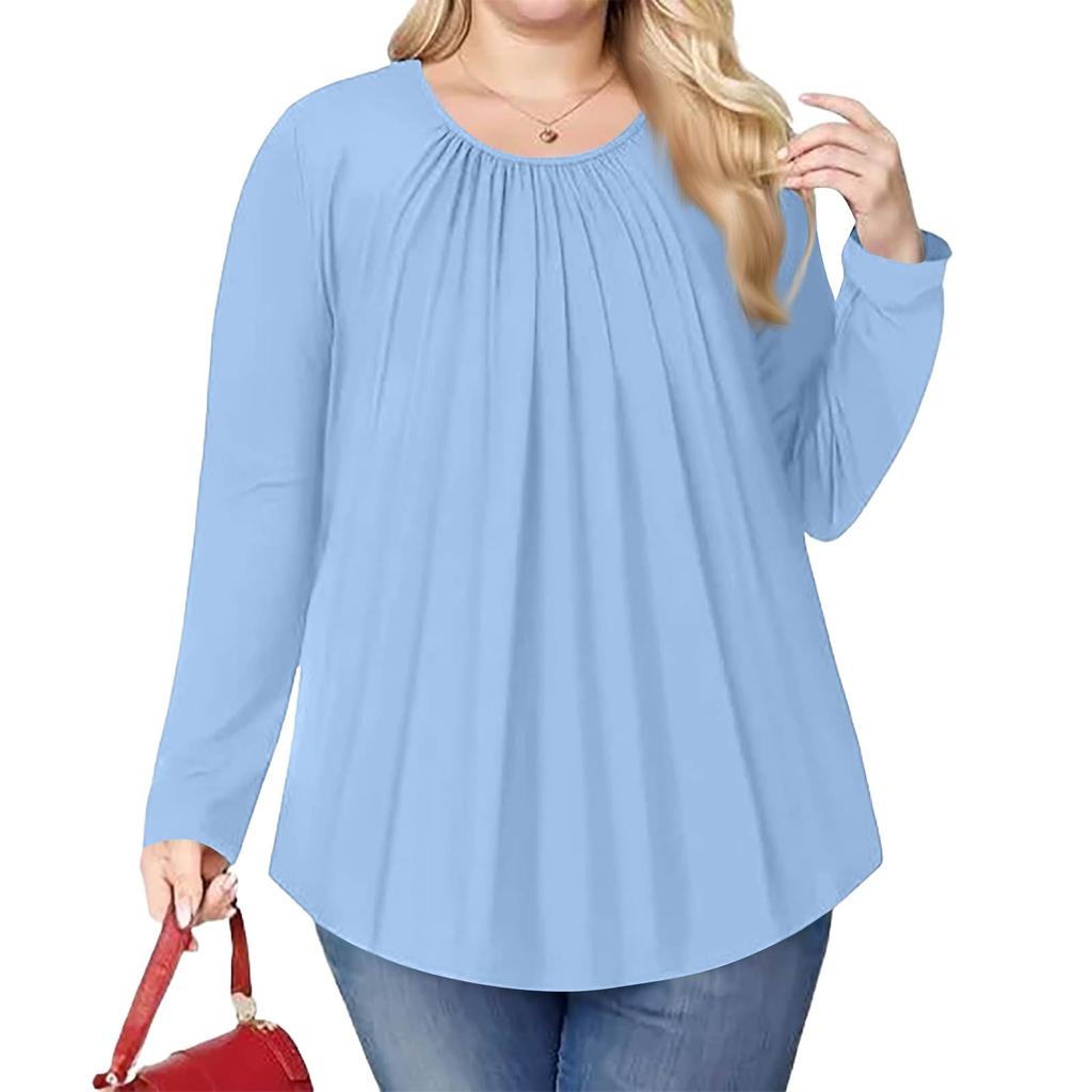 Women's Plus Size Fashion Solid Colour Casual Pleated Round Neck Long Sleeve Top