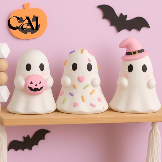 Witch Hat Ghost Figure Cute Halloween Resin Figurine, Candy Pumpkin Small Statue Desk Decor for Girls, Pink White Kawaii Tabletop Ornament Figurine