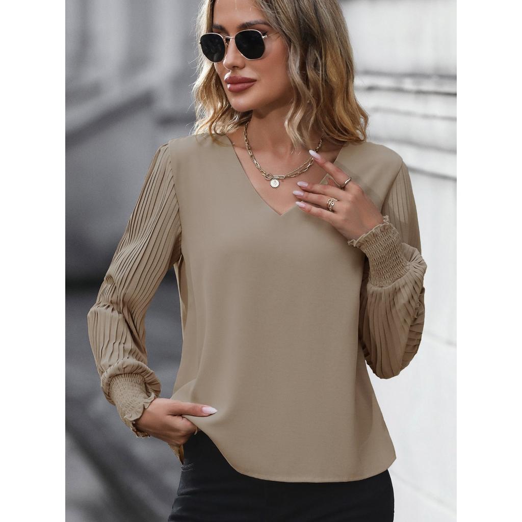 2025 Women's Solid Color Shirt with Pleated Lantern Sleeves Casual Office Tops for Spring Autumn Hot Sale