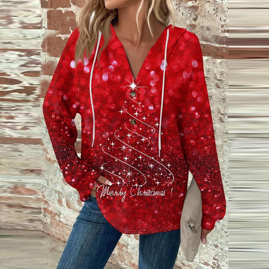 Женская мода с длинным рукавом, завязками на шнурке, капюшоном, пуговицами, V-образным вырезом, повседневная толстовка с капюшоном и рождественским принтом