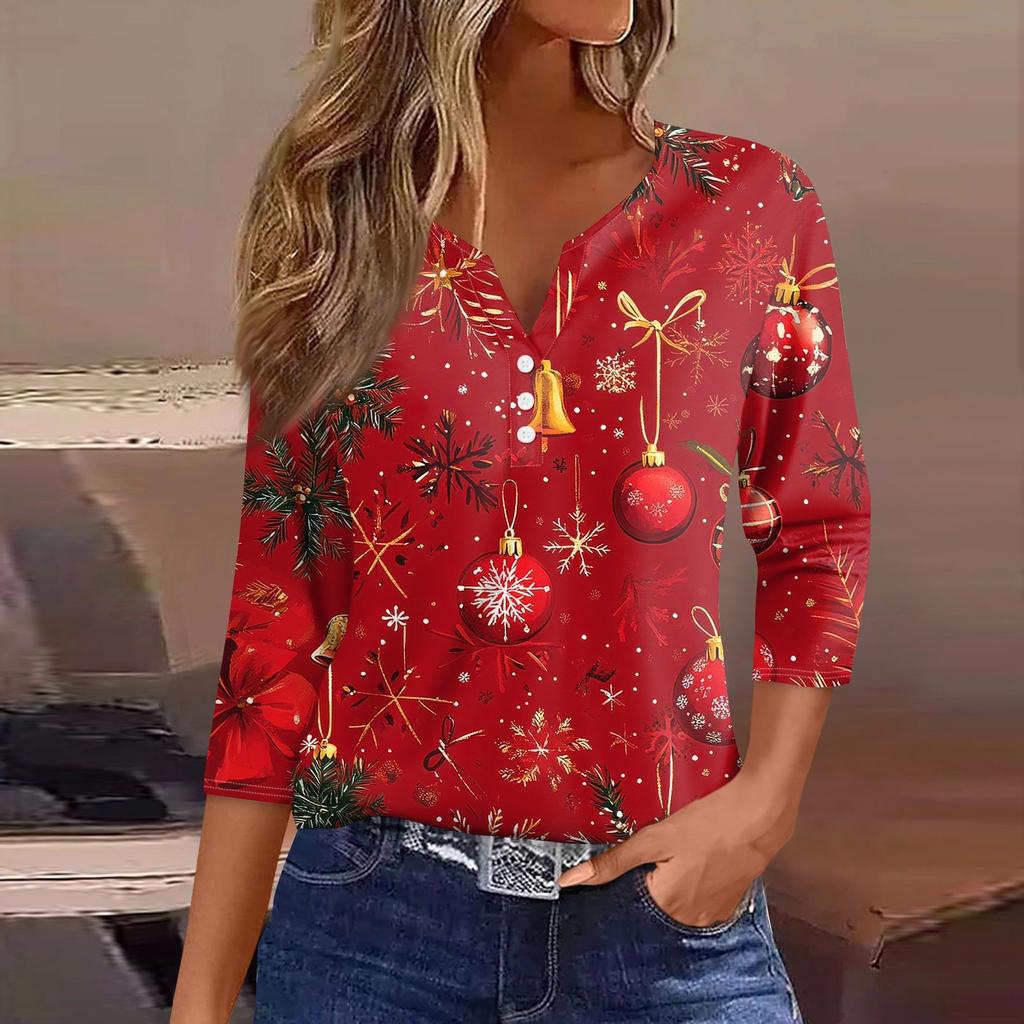 Women's T Shirt Christmas Print Button 3/4 Sleeve Daily Weekend Fashion Basic V- Neck Regular Top
