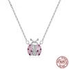 Genuine 925 Sterling Silver Pink CZ Ladybug Insect Chain Pendant Necklace for Women 45cm Kid Gifts Fine Jewelry