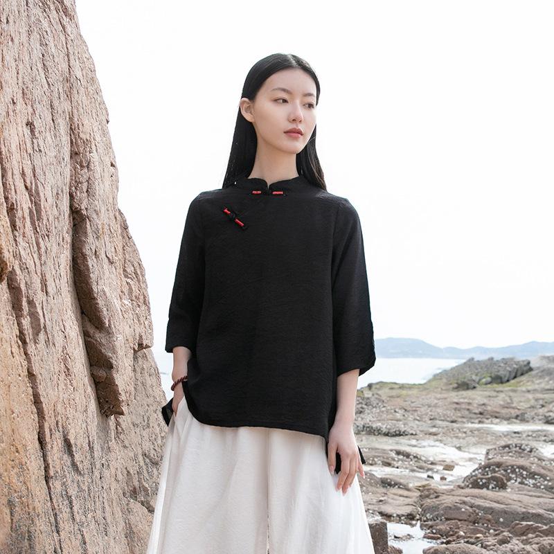 Johnature Женские рубашки в китайском стиле, топы, стойка, длинный рукав, на пуговицах, летние, однотонные блузки, свободные рубашки