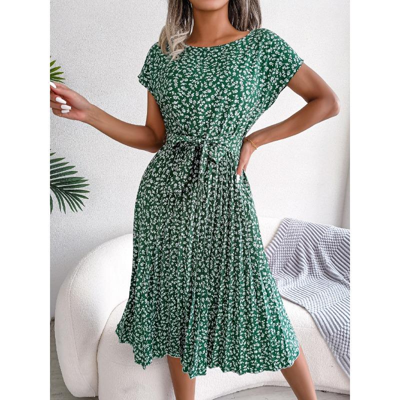 Ins Style Spring and Summer New Casual Short-sleeved Floral Large Swing Pleated Skirt European and American Women's Clothing