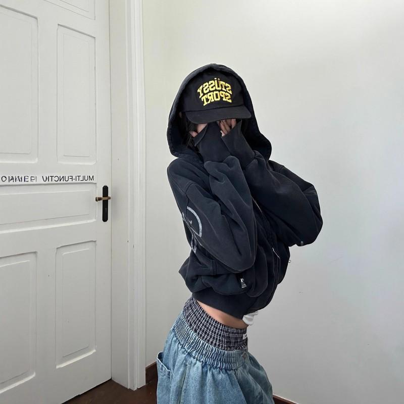 Gothic Streetwear Hooded Zip-Up Sweatshirt Women Bold Letter Print Oversized Fit Winter 2025