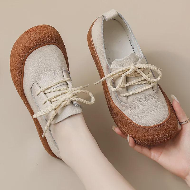 Женские кожаные туфли на шнуровке в стиле ретро — с круглым носком, мягкой подошвой, удобные повседневные туфли на плоской подошве для весны и осени