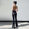 Элегантный боди на тонких бретельках для танцев и йоги с вставными чашечками и красивым дизайном спины, в комплекте с расклешенными длинными брюками.