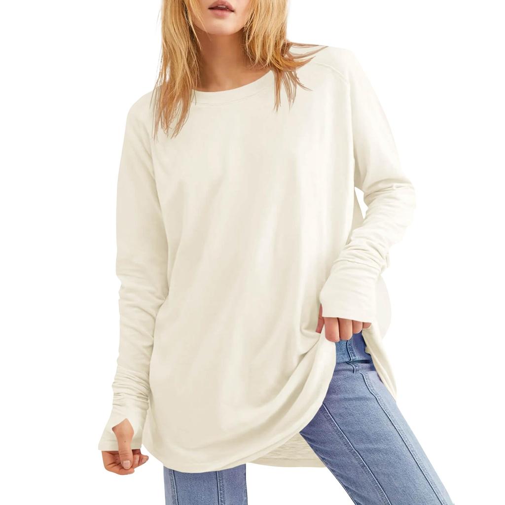 Женская однотонная свободная футболка с круглым вырезом и длинными рукавами средней длины, топ с дырявым большим пальцем