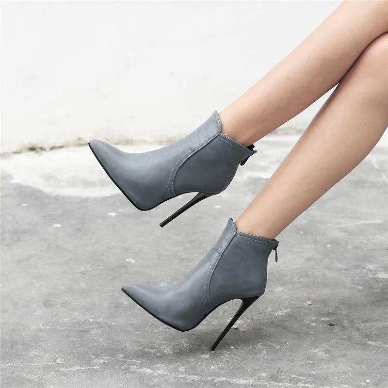 Fashion Black Women's Ankle Boots Autumn Winter Fashion Pointed Toe Ladies Shoes Heeled Sexy Nightclub Short Boot Grey Large Size 45