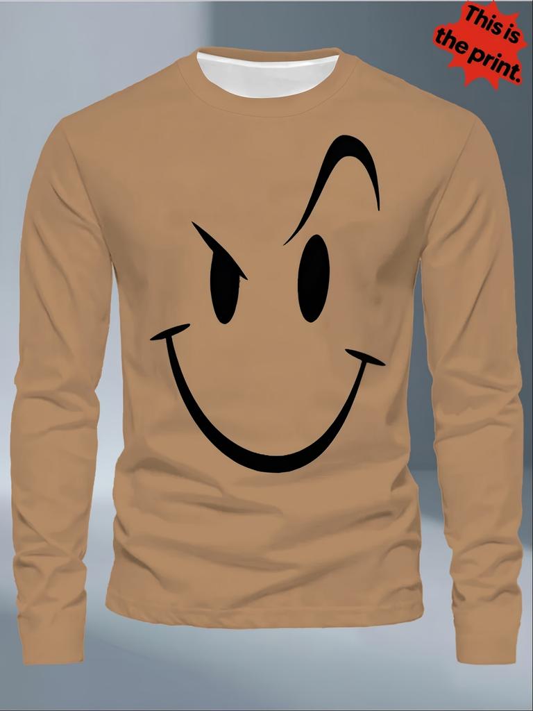 Trendy personalized long-sleeved T-shirt, wicked smiley face creative printing, white round neck casual bottoming shirt