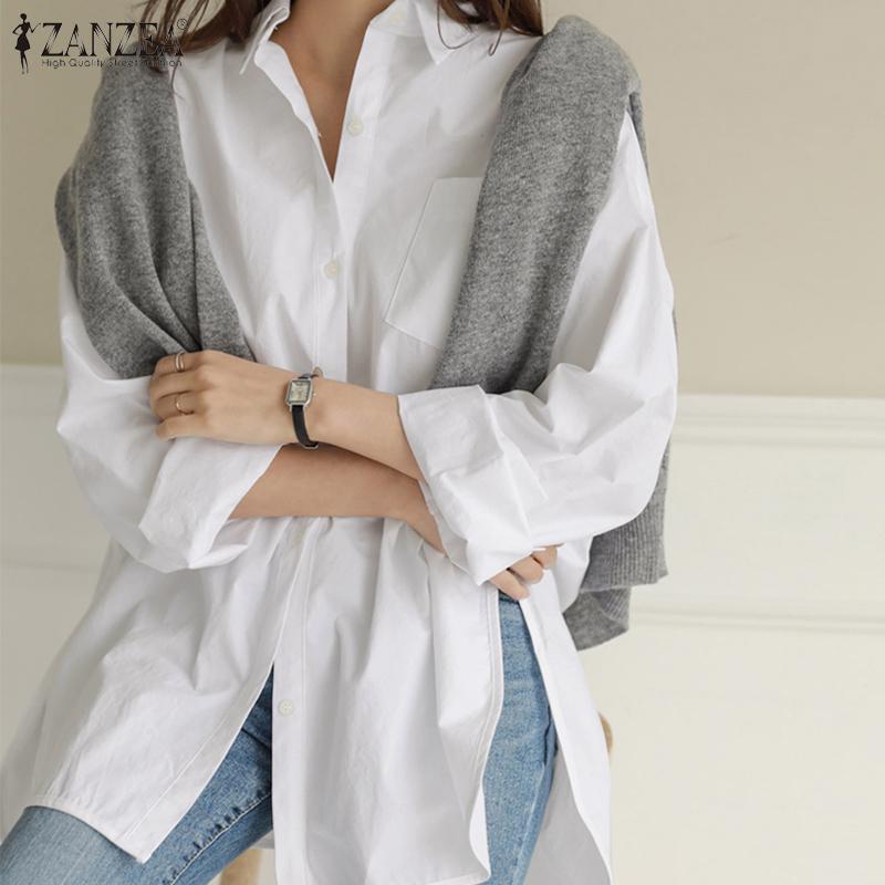 ZANZEA Vintage Women Lapel Neck Button Front Tunic Shirts Loose Casual Long Sleeve Irregular Blouse Tops