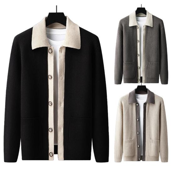 Мужской свитер, пальто, толстый, цветной, застежка на пуговицы, отложной воротник, трикотажная, свободная, сохраняющая тепло куртка, осень
