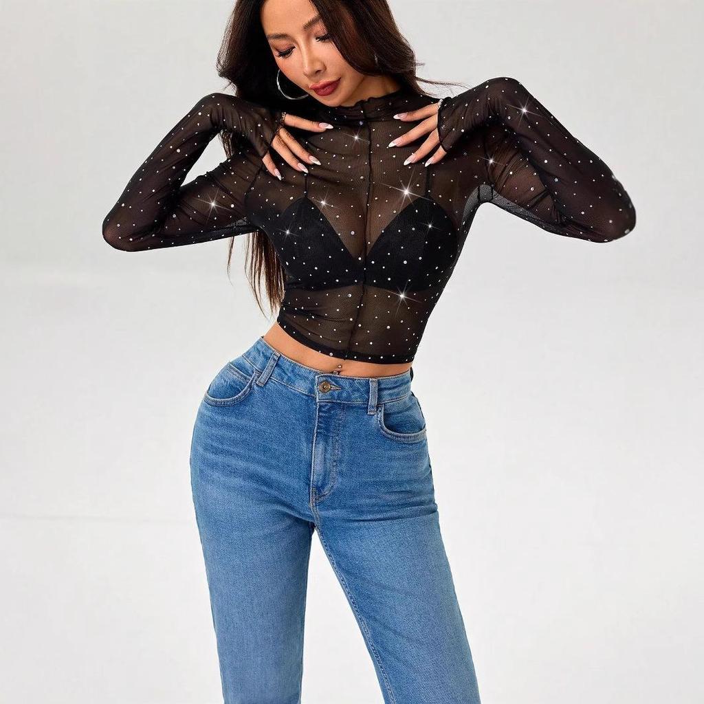 2025 Spring/Summer Women's Stand-Up Collar Sequin Mesh T-Shirt