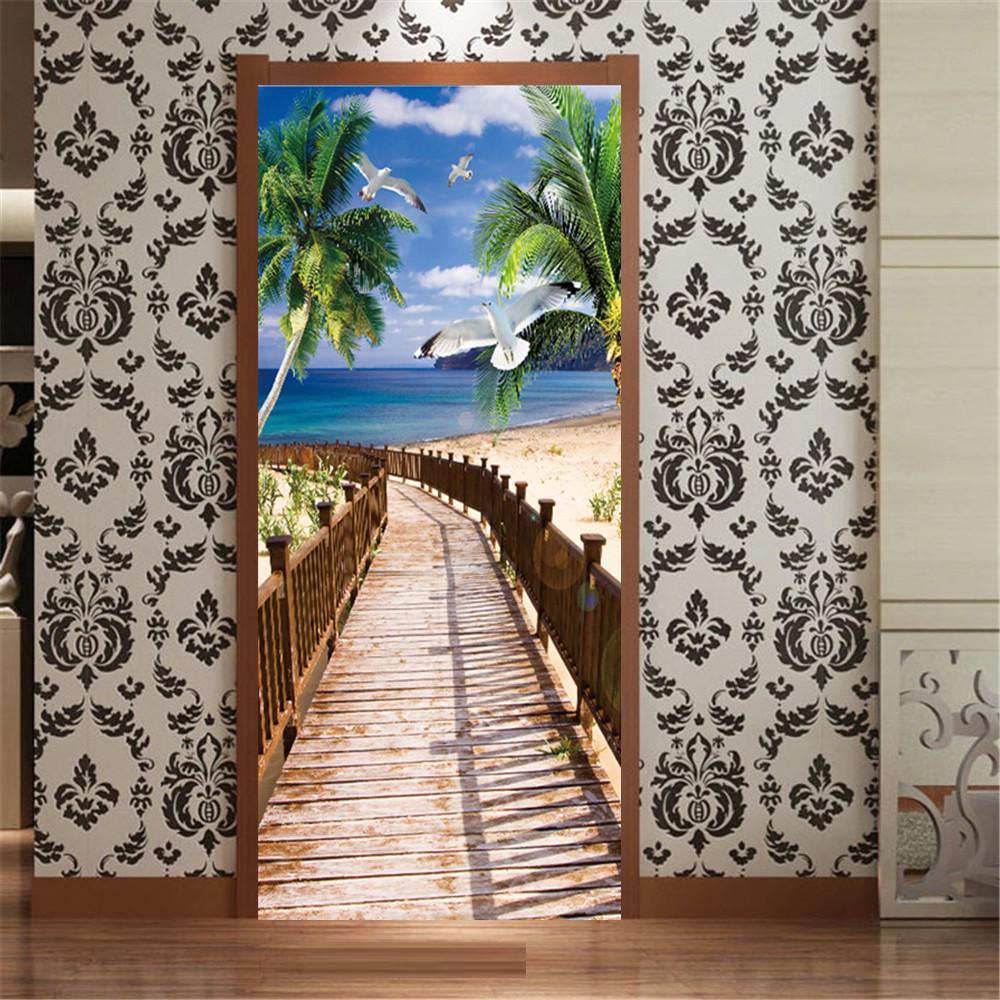 Дверные наклейки визуальное пространство пляжный коридор искусство водонепроницаемые обои гостиная спальня дверные обои ПВХ самоклеящиеся наклейки