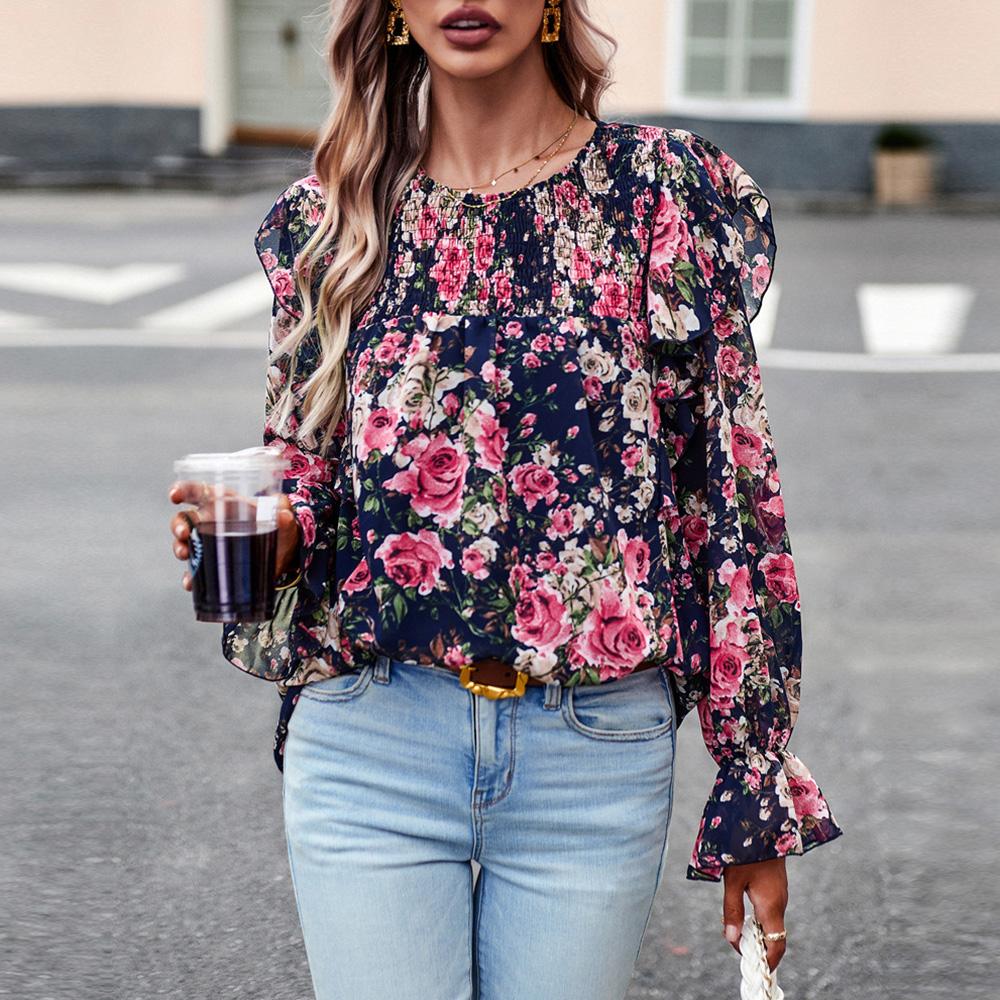 Женская осенне-зимняя рубашка с круглым вырезом и оборками, рукавами-фонариками, цветочная рубашка с принтом, топы