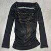2KWEIRD Gothic Design Retro Long Sleeved Babes T-shirt Y2k Printed Lace Stitch Slim Tops 2000s Black Fashion Fake Two Pieces Tees New