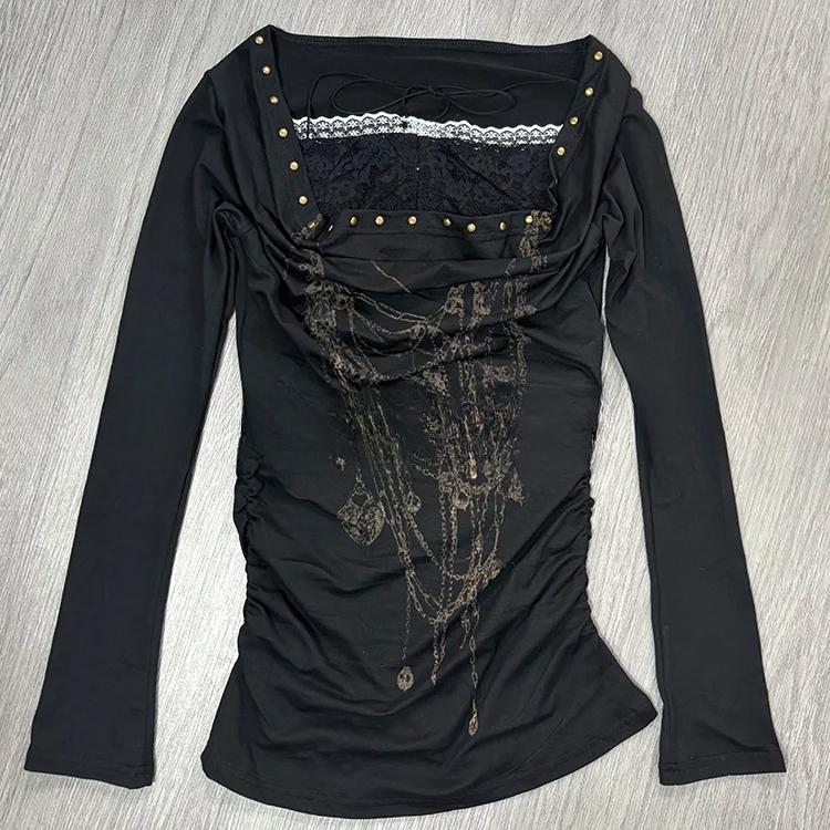 2KWEIRD Gothic Design Retro Long Sleeved Babes T-shirt Y2k Printed Lace Stitch Slim Tops 2000s Black Fashion Fake Two Pieces Tees New