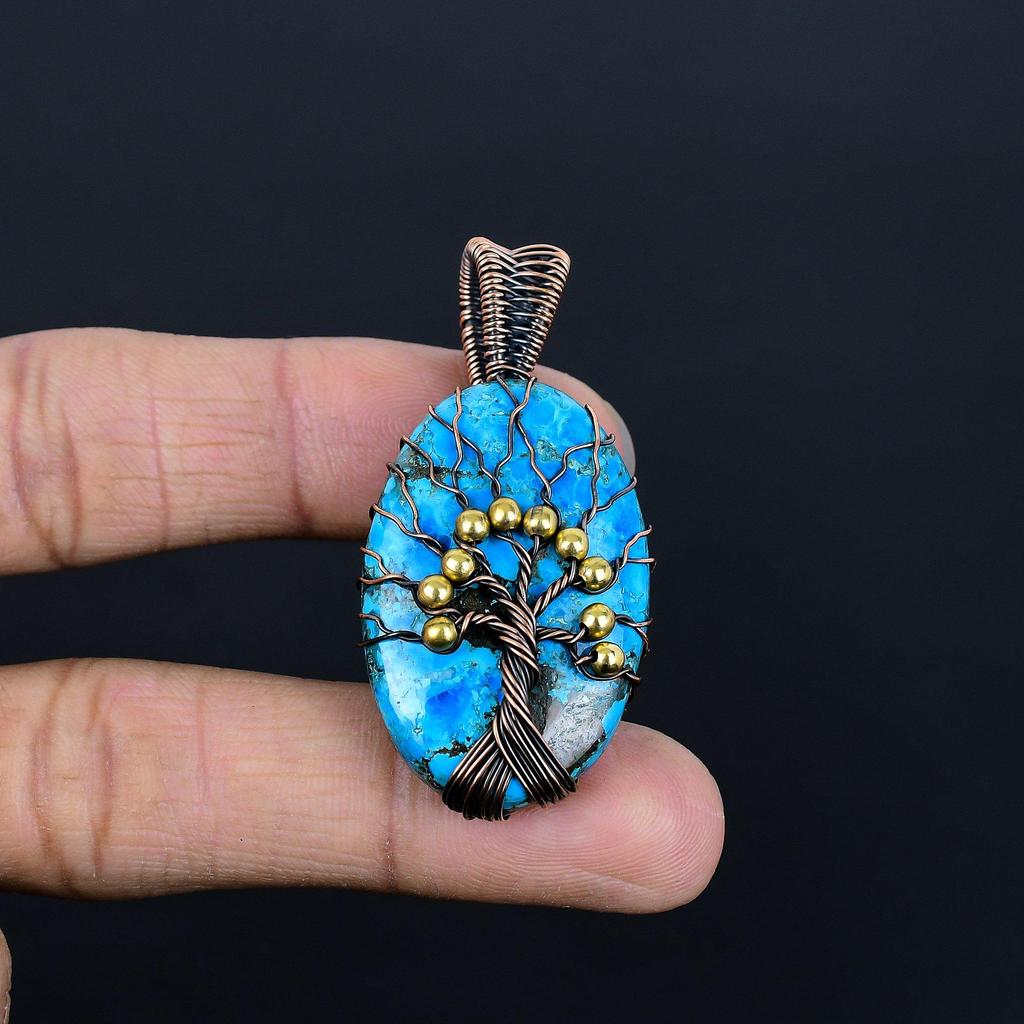 Blue Turquoise Handmade Gemstone Pendant, 999 Copper Wire Wrapped Antique Jewelry Pendant, For Engagement Gift