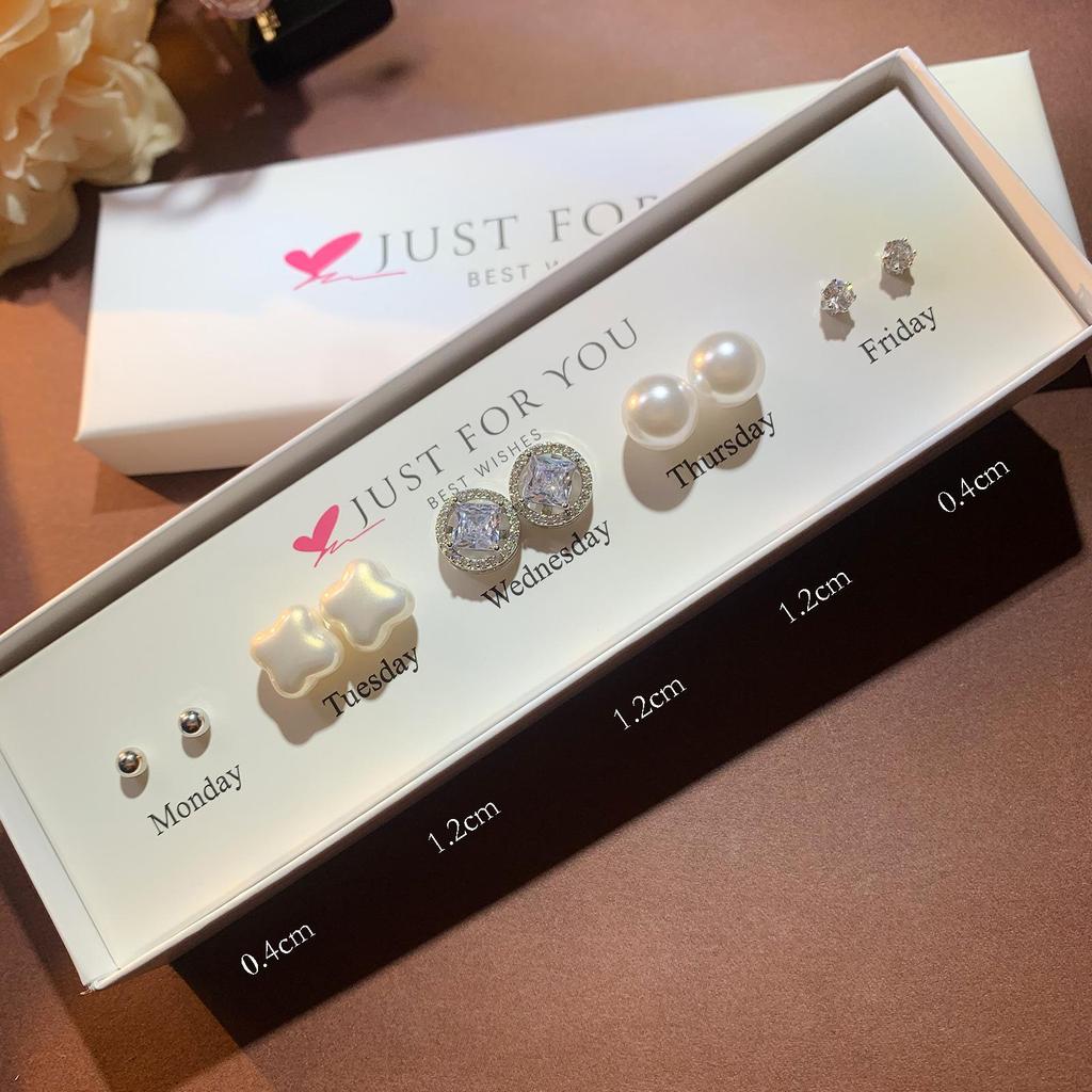 Набор серег-пуссетов в форме сердца с цирконом, цветком и жемчугом для женщин