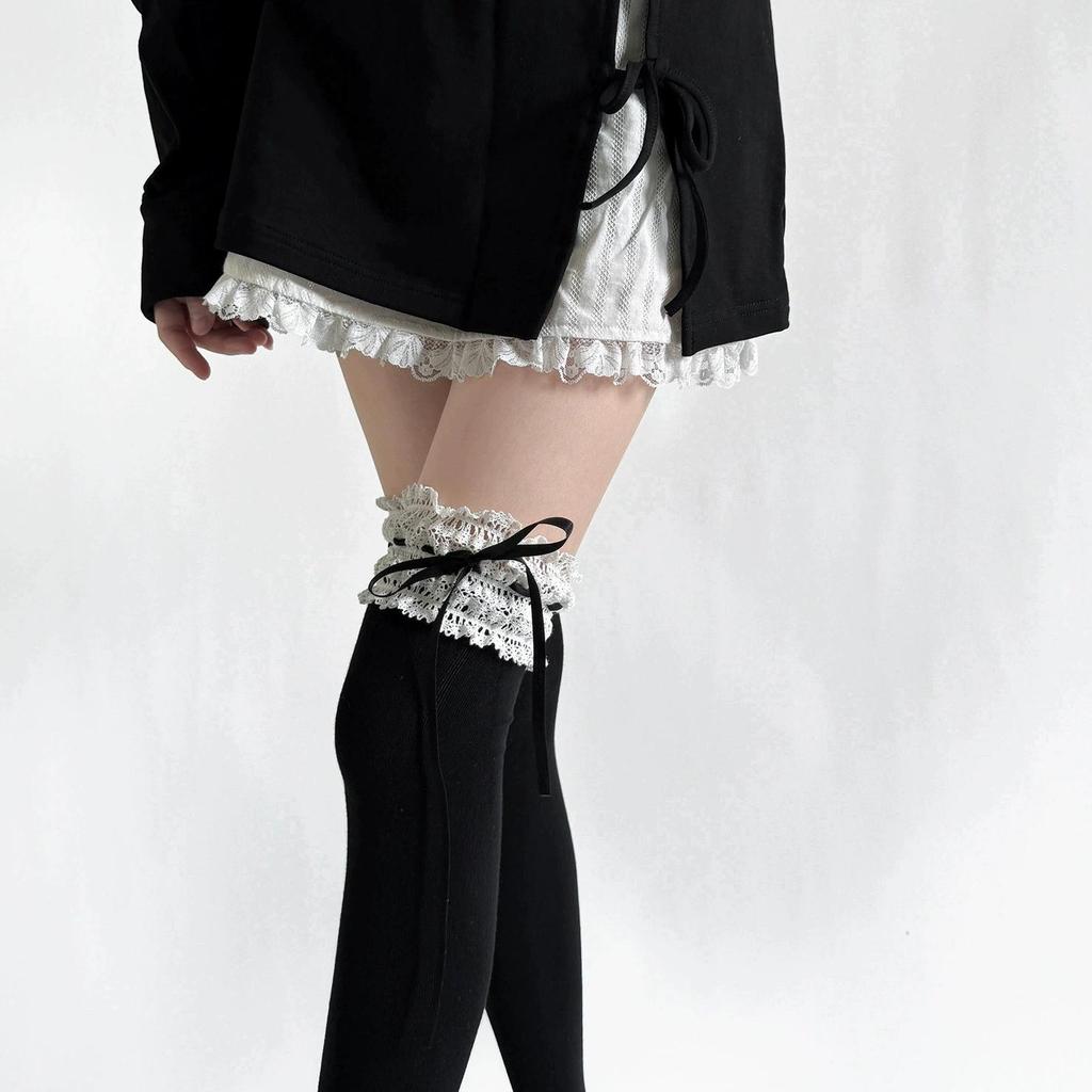 Pure Cotton Lolita Wide Lace Ribbon Bow Socks - Spring Mid-Calf Sweet Desire Style