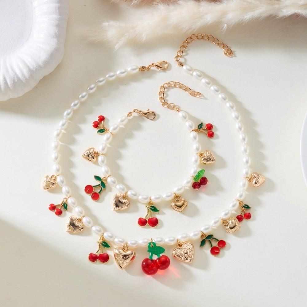 Elegant Heart Charm Necklace Sweet Pearl Choker Necklace New Fruit Cherry Necklace Women Jewelry