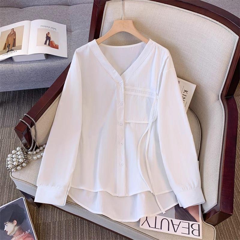 Solid Color V-neck Long-sleeved Shirt for Women Spring and Autumn New Loose and Versatile Thin Cardigan Top