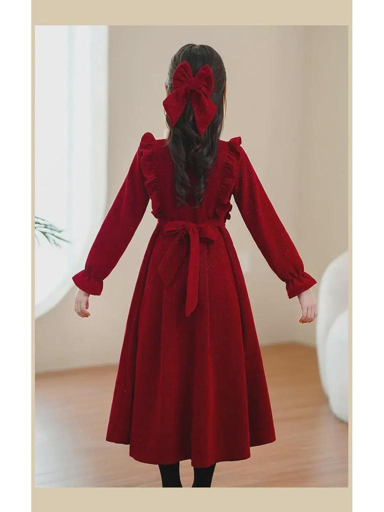 Стильное длинное платье принцессы красного цвета для маленьких девочек - коллекция зима и осень