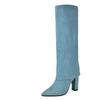 FOREADA Women Knee High Long Boots Pointed Toe Chunky High Heels Denim Gogo Boots Ladies Fashion Shoes Autumn Winter Sky Blue 43