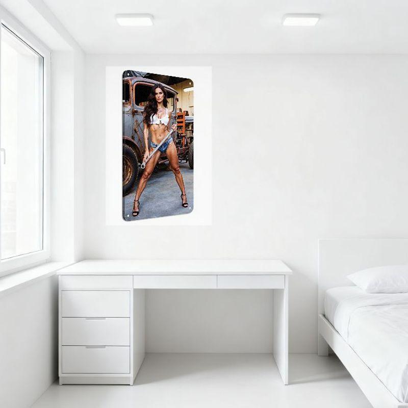 Muscular Woman with Pipe Wrench Vintage Garage Metal Tin Sign, Retro Rustic Truck Workshop Industrial Art Decor for Man Cave Bar