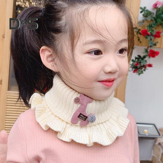 Children Warm Scarf Cartoon Pattern Ruffle Trim Knitted Winter Scarf Thickened Thermal Boys Toddler Elastic Warm Scarf