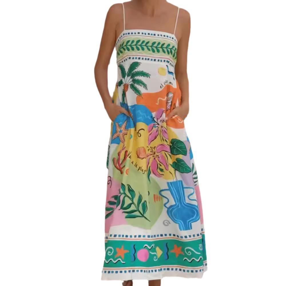 European and American 2024 Summer Women's Sexy Sleeveless Printed Swing Dress