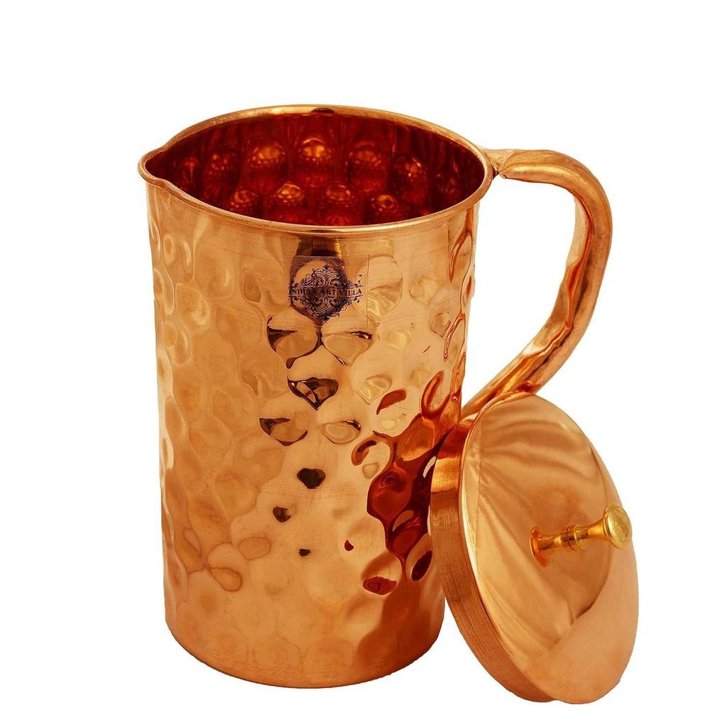Pure Copper Drinkware Gift Set of 1 Jug & 2 Glass with Gift Box & Diamond Hammered Design, Jug-1.5 Litre & Glass-300 ML