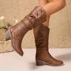 Fashion 2025 New Women Knee-High Boots Brown Slip-On Round Toe Pleated Women Boots Mid-Calf Leisure Style Spring Autumn Shoes for Women