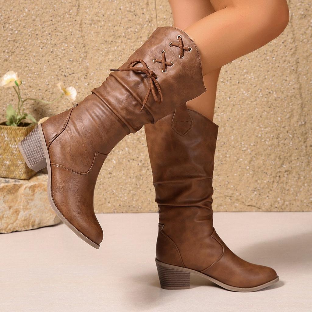 Fashion 2025 New Women Knee-High Boots Brown Slip-On Round Toe Pleated Women Boots Mid-Calf Leisure Style Spring Autumn Shoes for Women