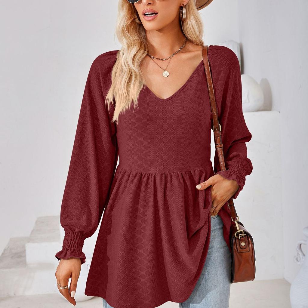 Осенне-зимний топ для женщин, однотонная лоскутная свободная футболка с v-образным вырезом и жаккардовым длинным рукавом